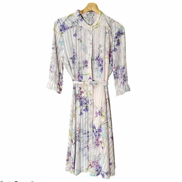 Nanette Lepore: Floral Pleated Tie Belt Button Up Long Sleeve Midi Dress 10 NWT - Picture 1 of 10
